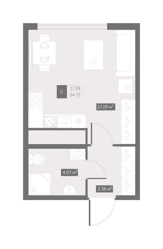 Квартира-студия, 24.71 м² - планировка, фото №1