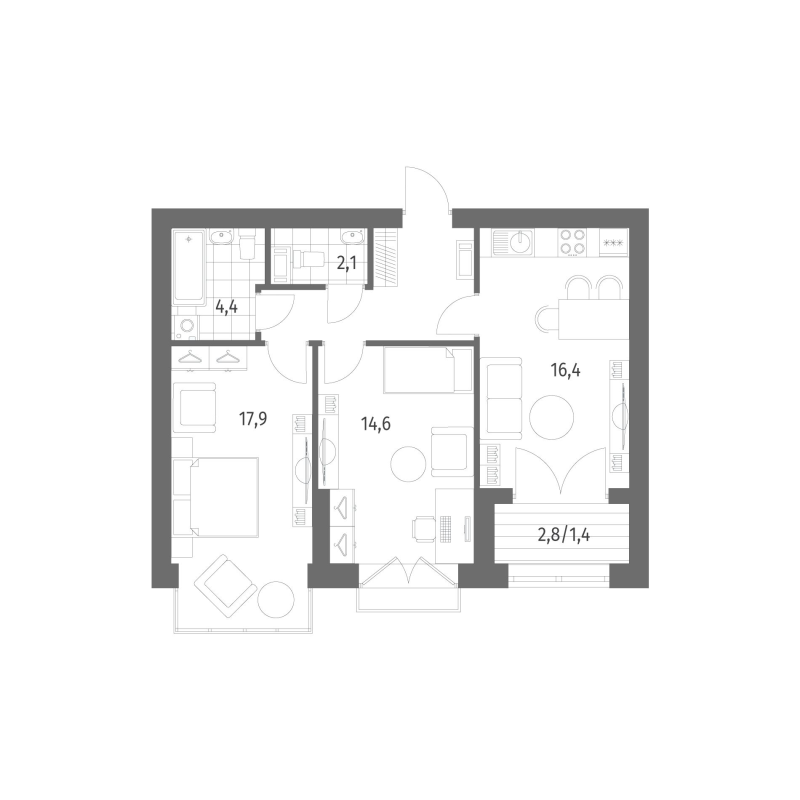 2-комнатная квартира, 64.09 м² - планировка, фото №1