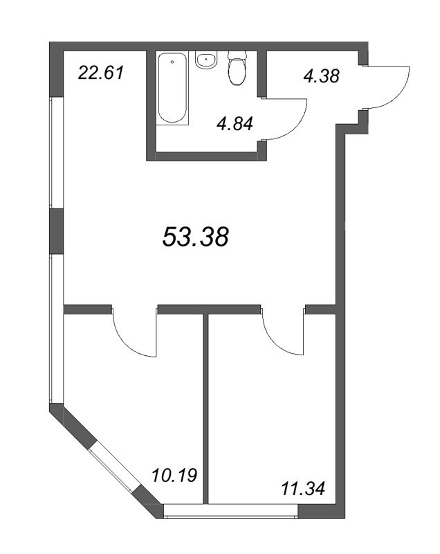 3-комнатная (Евро) квартира, 53.38 м² в ЖК "Life Apart Октябрьская" - планировка, фото №1