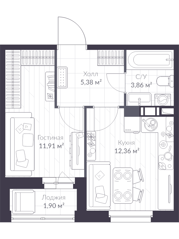 1-комнатная квартира, 34.7 м² в ЖК "VEREN NEXT шуваловский" - планировка, фото №1