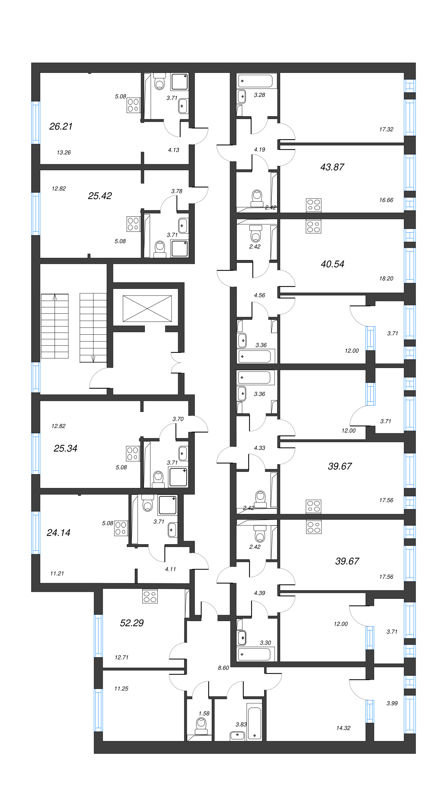 2-комнатная (Евро) квартира, 43.87 м² - планировка этажа
