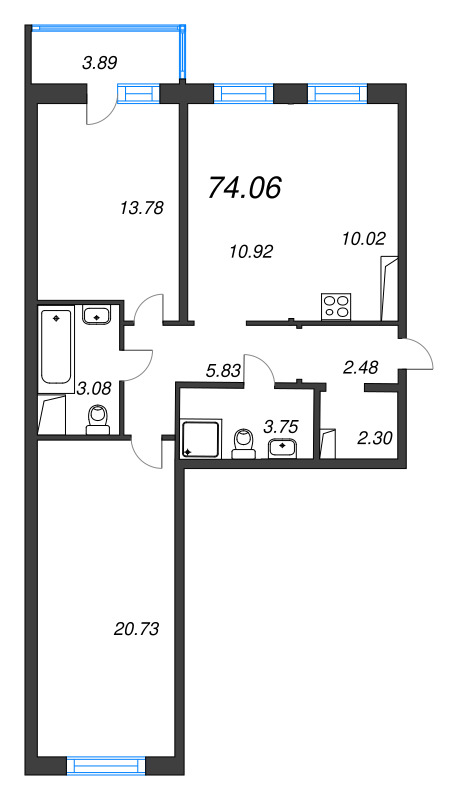 3-комнатная (Евро) квартира, 74.06 м² в ЖК "OKLA" - планировка, фото №1