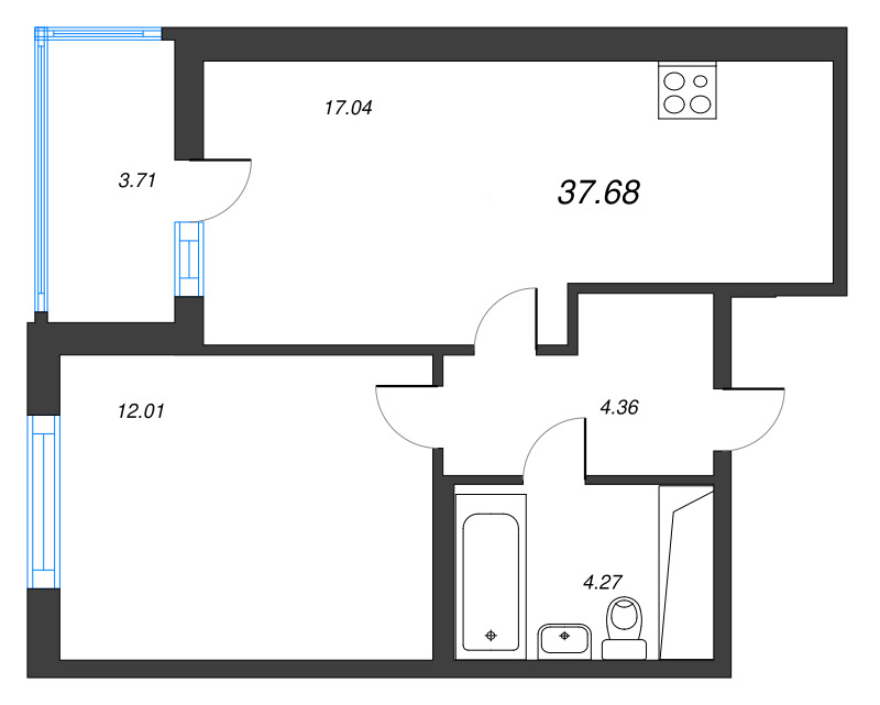 2-комнатная (Евро) квартира, 37.68 м² в ЖК "Ясно.Янино" - планировка, фото №1