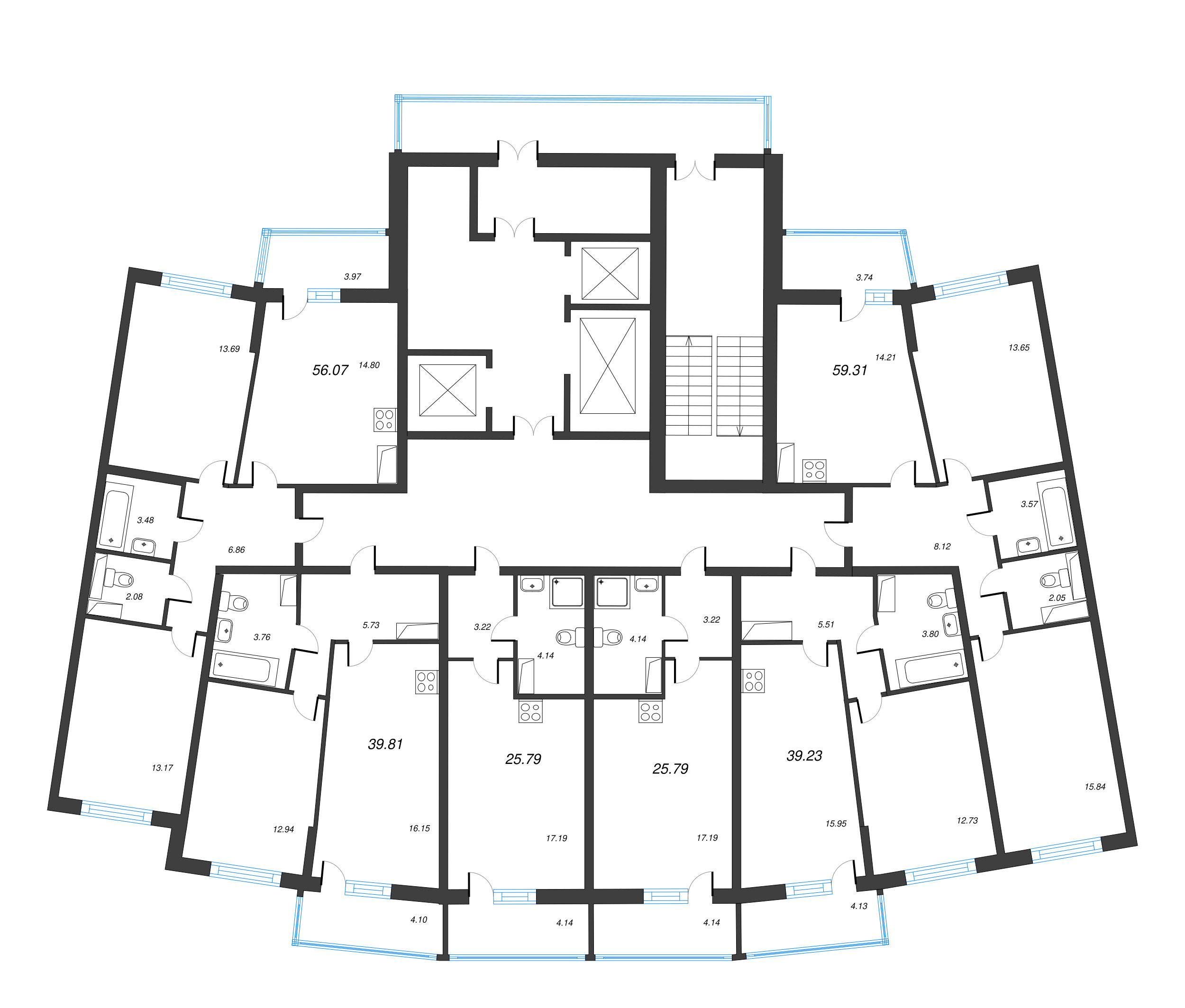 3-комнатная (Евро) квартира, 56.07 м² в ЖК "Дом Левитан" - планировка этажа