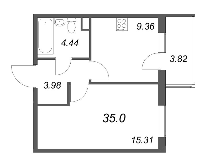 1-комнатная квартира, 35 м² в ЖК "Новая история" - планировка, фото №1