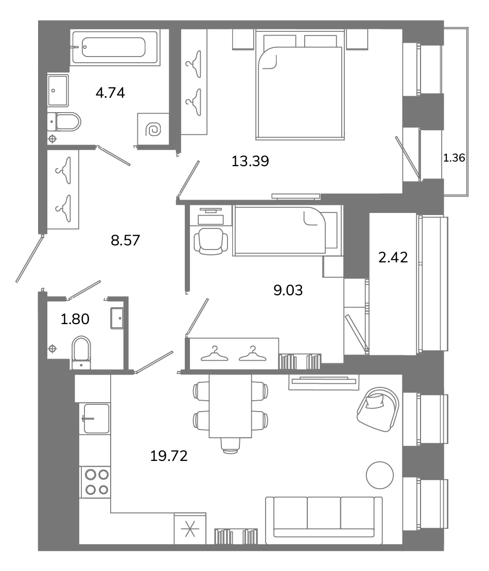 3-комнатная (Евро) квартира, 58.86 м² в ЖК "Твой космос" - планировка, фото №1