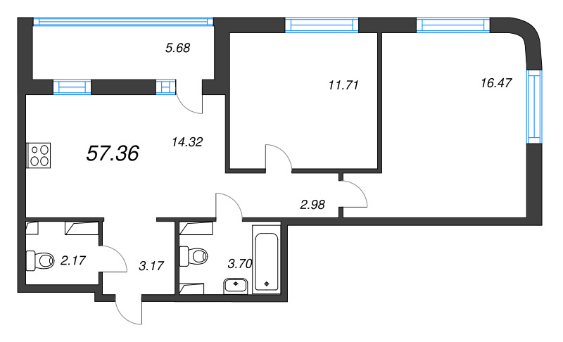 3-комнатная (Евро) квартира, 57.36 м² в ЖК "Кронунг Янино" - планировка, фото №1