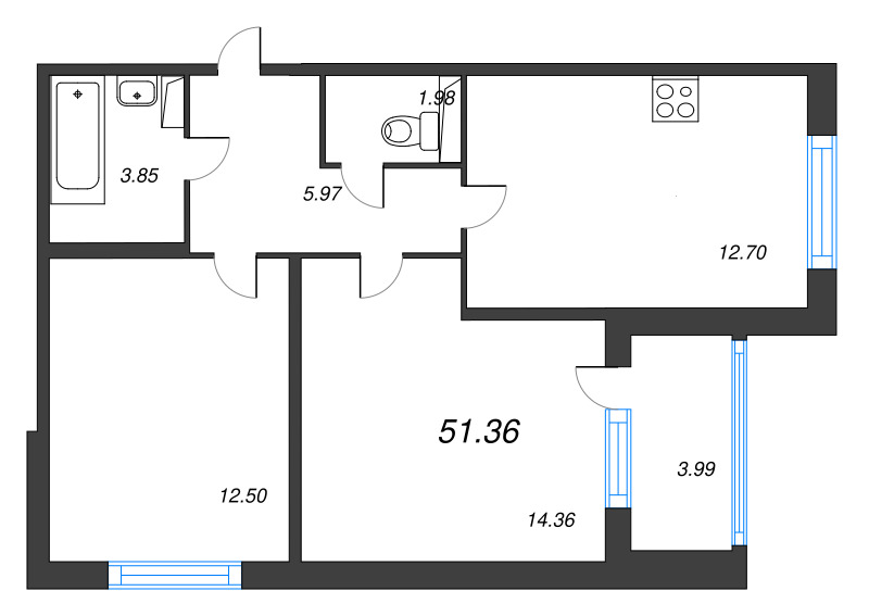 2-комнатная квартира, 51.36 м² - планировка, фото №1