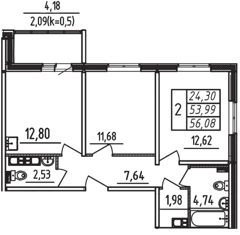 2-комнатная квартира, 56.08 м² в ЖК "Меридиан Шушары" - планировка, фото №1