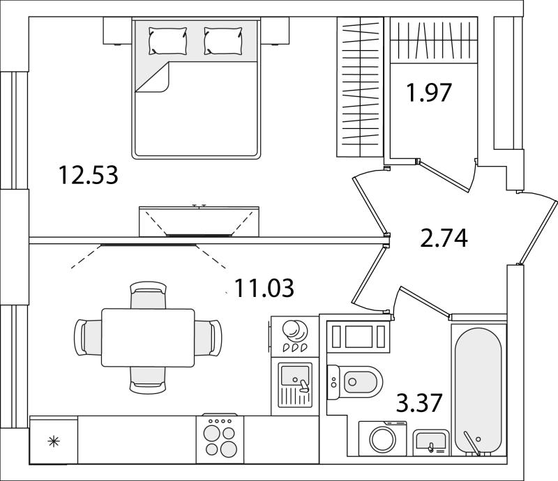 1-комнатная квартира, 31.64 м² в ЖК "Кинопарк" - планировка, фото №1