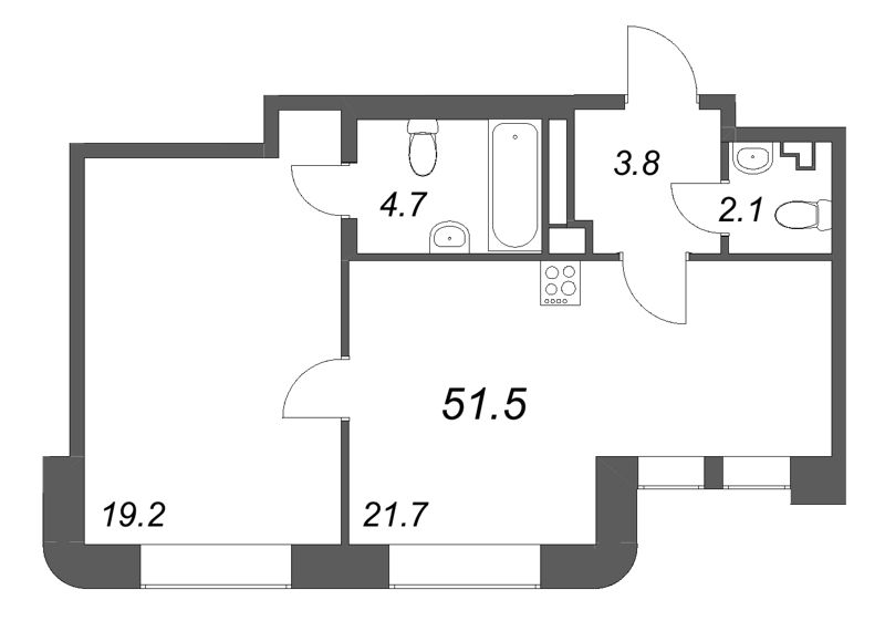 2-комнатная (Евро) квартира, 51.5 м² в ЖК "Коллекционер" - планировка, фото №1