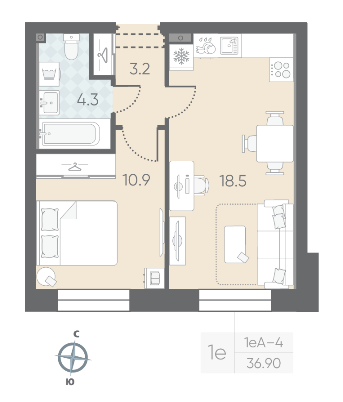 2-комнатная (Евро) квартира, 36.9 м² в ЖК "Большая Охта" - планировка, фото №1
