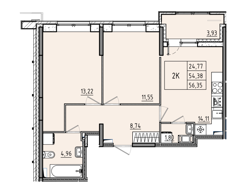 2-комнатная квартира, 56.35 м² - планировка, фото №1