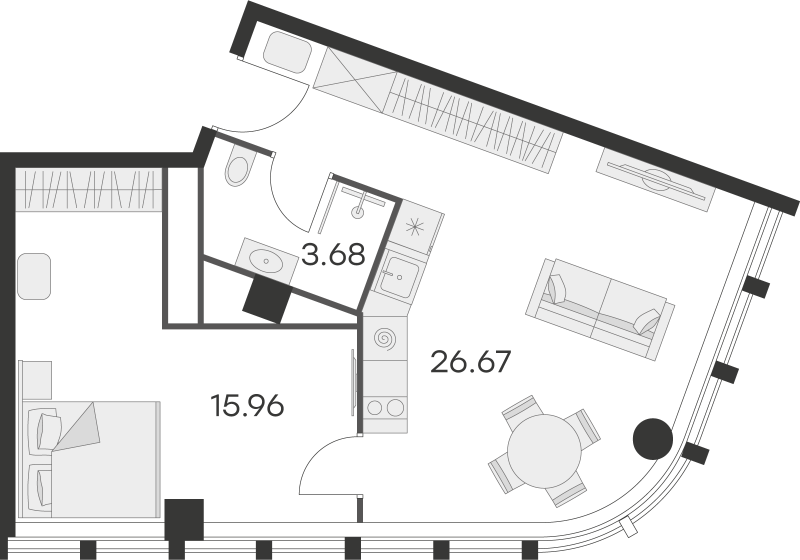 2-комнатная (Евро) квартира, 46.1 м² - планировка, фото №1