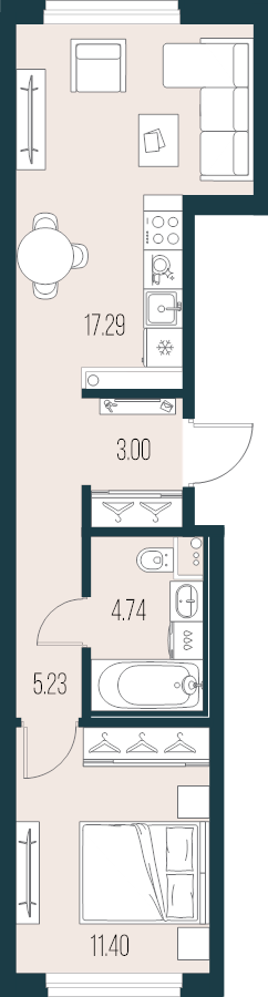 2-комнатная (Евро) квартира, 41.66 м² - планировка, фото №1