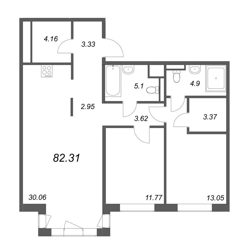 3-комнатная (Евро) квартира, 82.31 м² в ЖК "Большой, 67" - планировка, фото №1