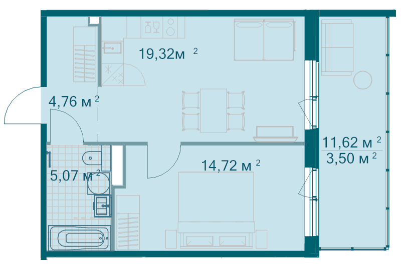 2-комнатная (Евро) квартира, 47.4 м² в ЖК "Grona Lund" - планировка, фото №1