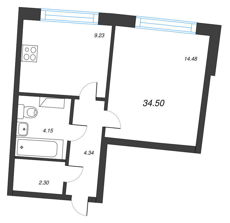 1-комнатная квартира, 34.5 м² в ЖК "Аквилон Riva" - планировка, фото №1