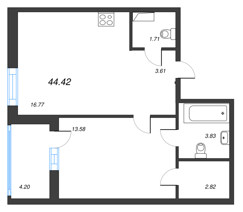 2-комнатная (Евро) квартира, 43.8 м² в ЖК "Jaanila Драйв" - планировка, фото №1