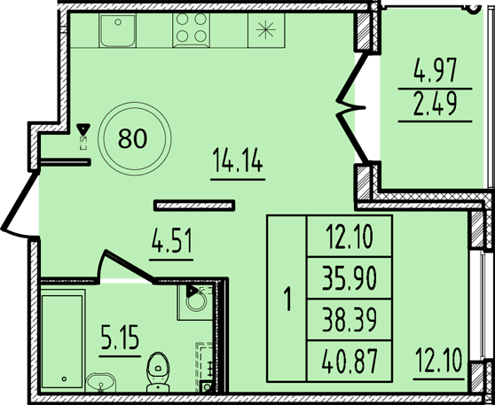 1-комнатная квартира, 35.9 м² - планировка, фото №1