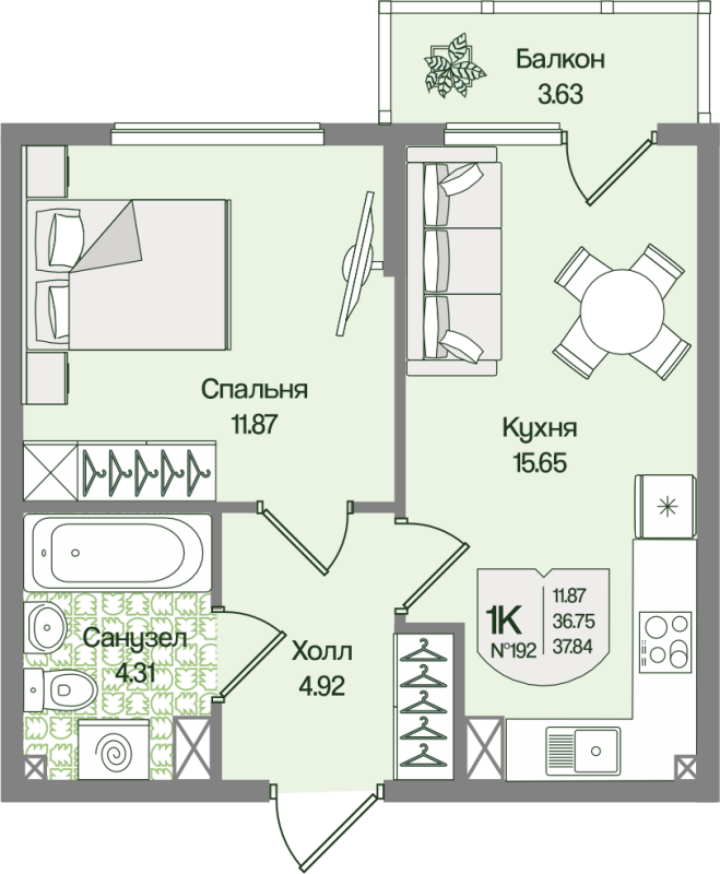 2-комнатная (Евро) квартира, 37.83 м² в ЖК "Охтинские высоты" - планировка, фото №1