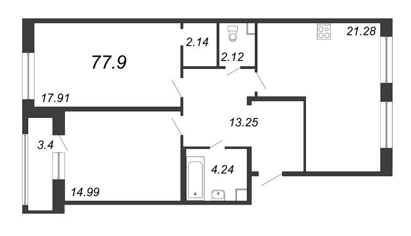 3-комнатная (Евро) квартира, 77.9 м² - планировка, фото №1