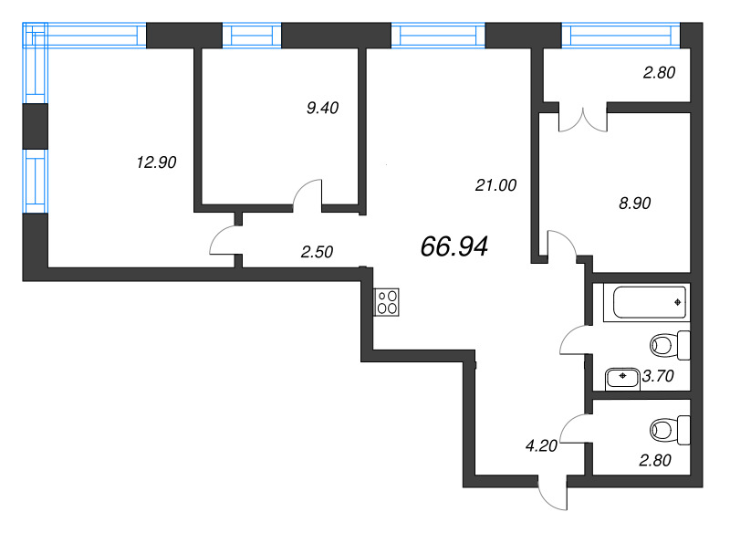 3-комнатная квартира, 66.94 м² - планировка, фото №1