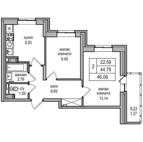 2-комнатная квартира, 45.7 м² в ЖК "Северная Долина" - планировка, фото №1