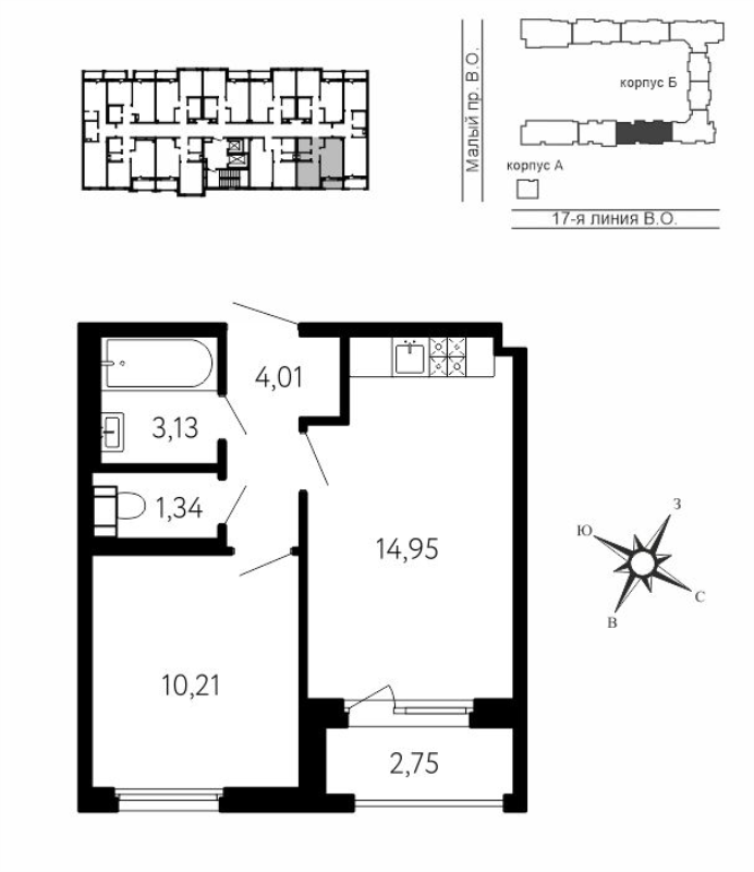 1-комнатная квартира, 35.02 м² в ЖК "17-я линия" - планировка, фото №1