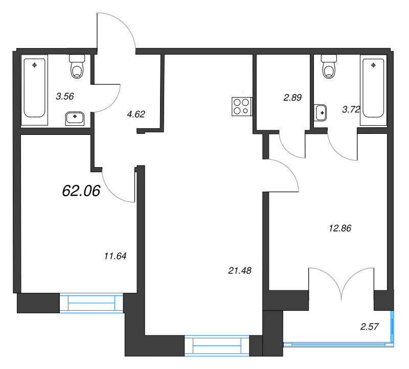 3-комнатная (Евро) квартира, 62.06 м² - планировка, фото №1