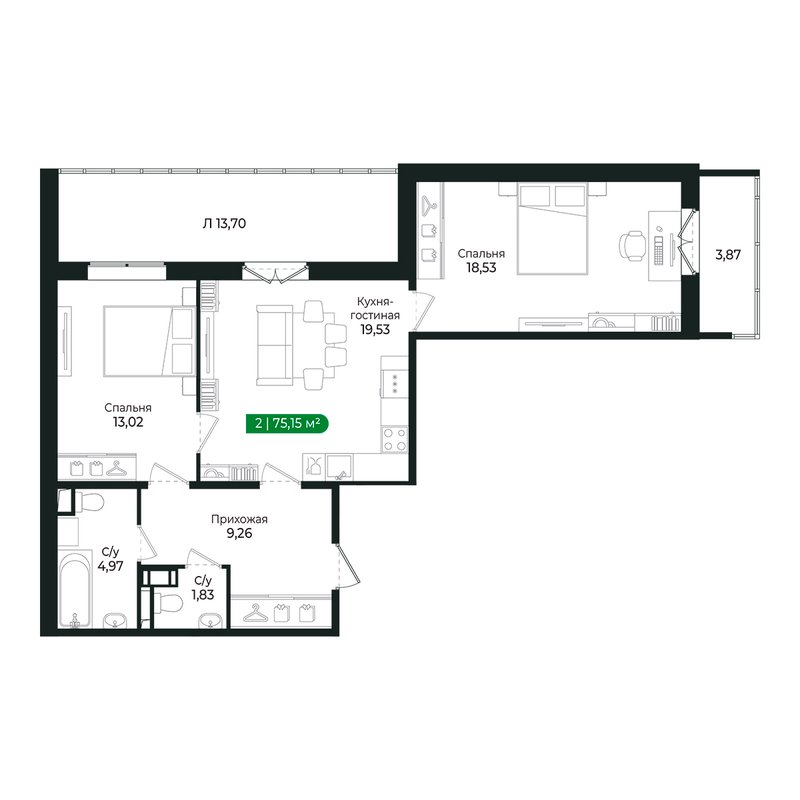 3-комнатная (Евро) квартира, 66.9 м² в ЖК "Сертолово Парк" - планировка, фото №1