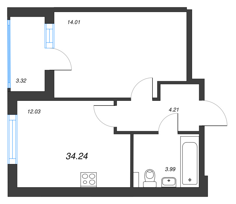 1-комнатная квартира, 34.24 м² - планировка, фото №1