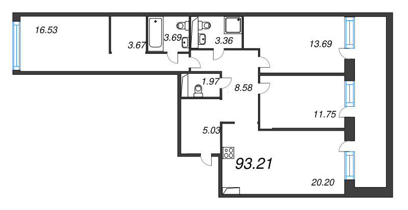 4-комнатная (Евро) квартира, 93.21 м² - планировка, фото №1