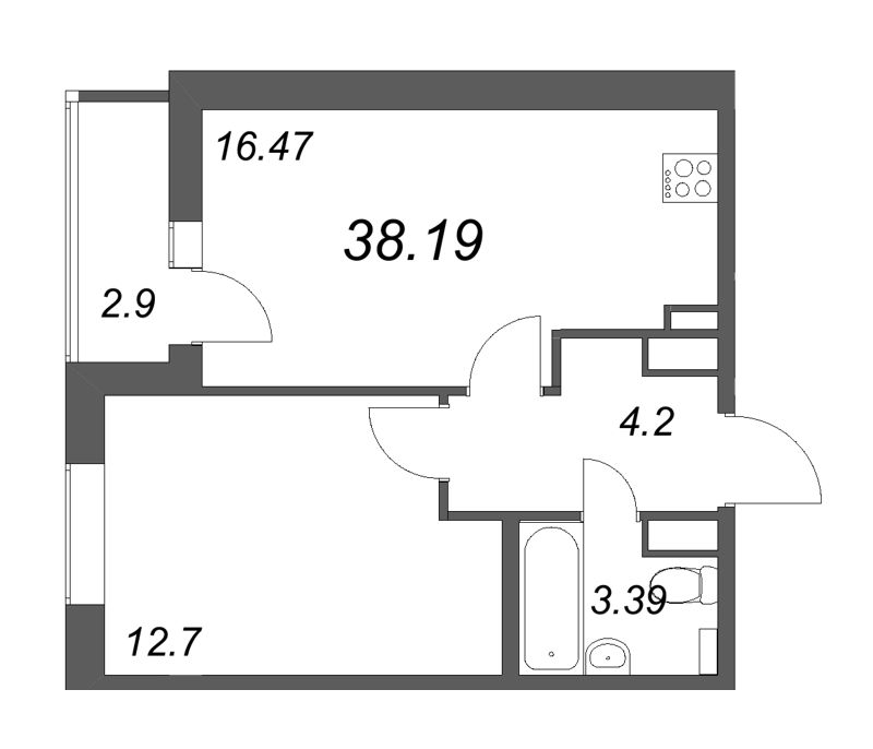 2-комнатная (Евро) квартира, 38.19 м² - планировка, фото №1
