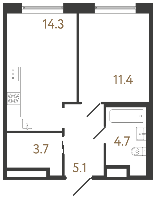 1-комнатная квартира, 39.2 м² в ЖК "Передвижники 2" - планировка, фото №1