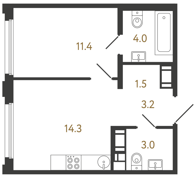 1-комнатная квартира, 37.4 м² в ЖК "Гений" - планировка, фото №1