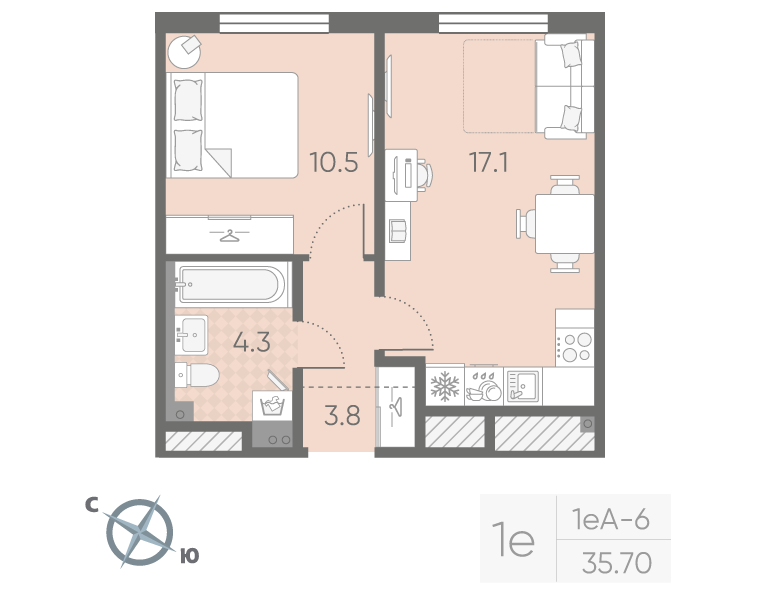 2-комнатная (Евро) квартира, 35.7 м² в ЖК "Пулково Lake" - планировка, фото №1