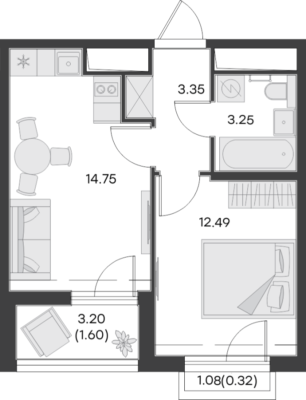 1-комнатная квартира, 35.76 м² в ЖК "GloraX Заневский" - планировка, фото №1