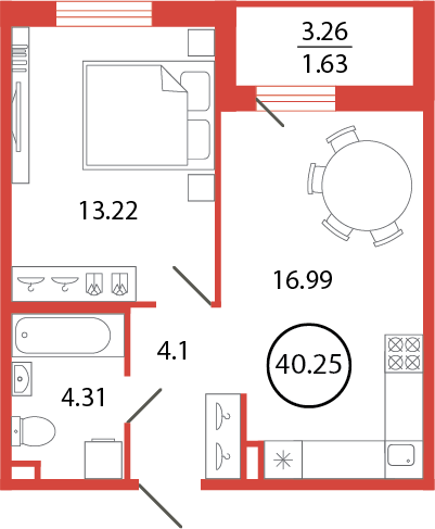 2-комнатная (Евро) квартира, 40.25 м² в ЖК "Энфилд" - планировка, фото №1