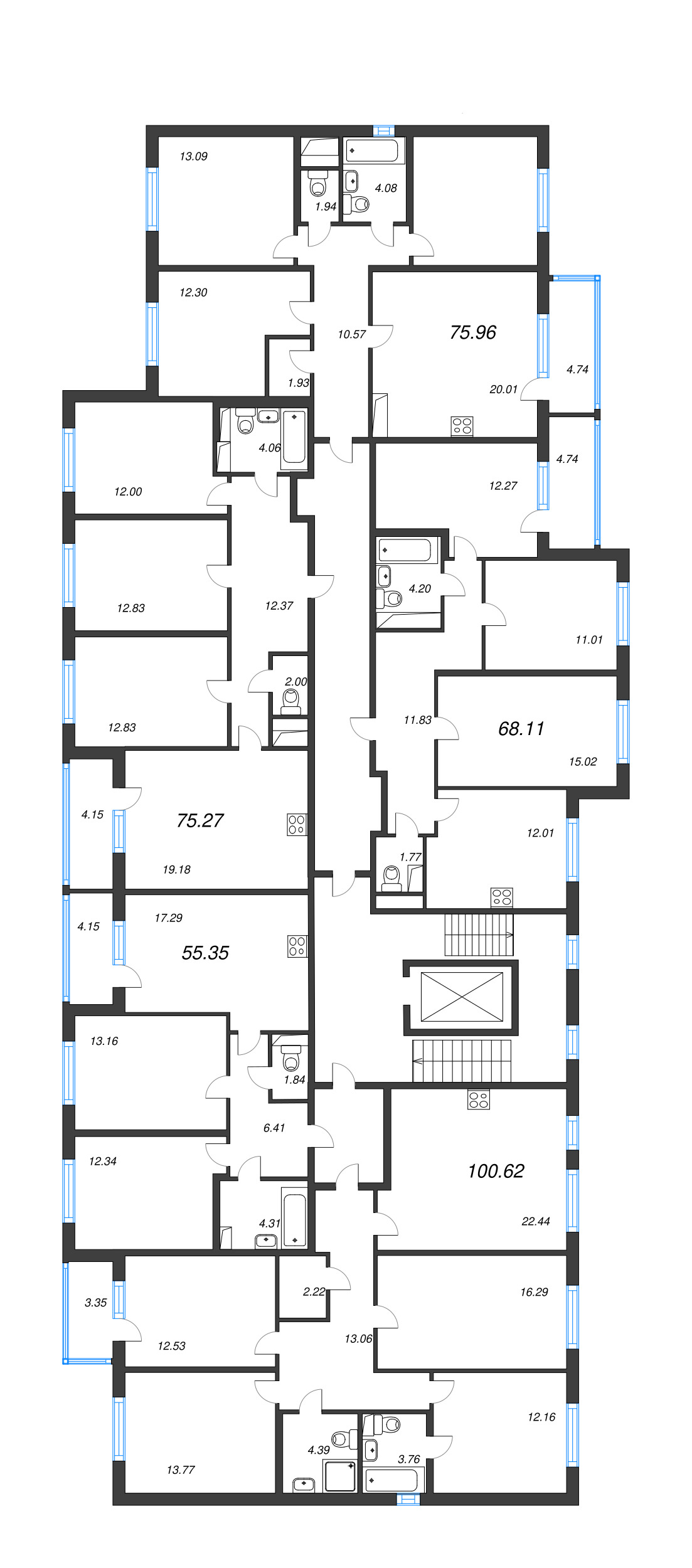 4-комнатная (Евро) квартира, 75.27 м² в ЖК "ЮгТаун" - планировка этажа