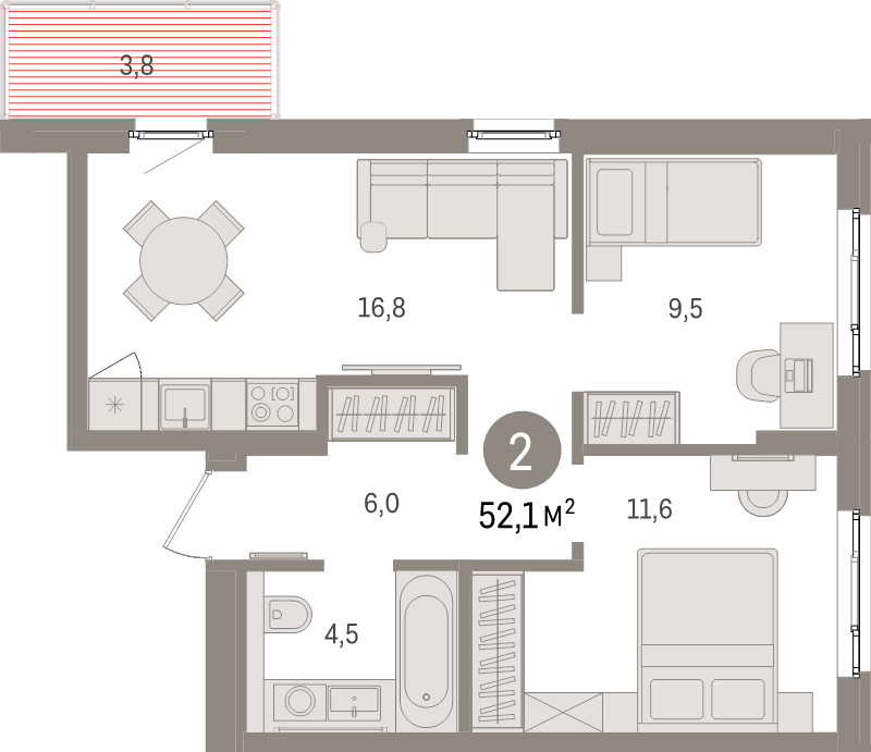 3-комнатная (Евро) квартира, 52.1 м² в ЖК "Брусника в Новоселье" - планировка, фото №1