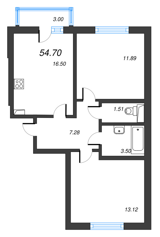 3-комнатная (Евро) квартира, 57.4 м² - планировка, фото №1