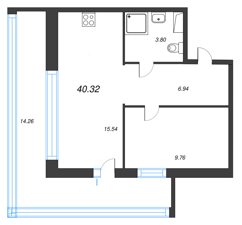 2-комнатная (Евро) квартира, 40.32 м² - планировка, фото №1