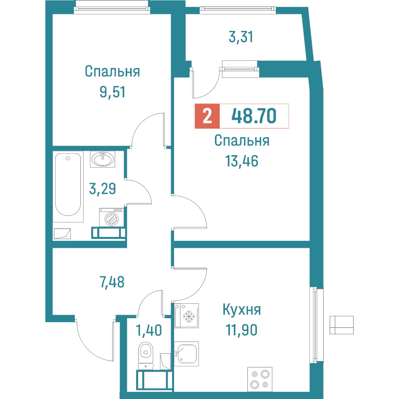 2-комнатная квартира, 48.7 м² - планировка, фото №1