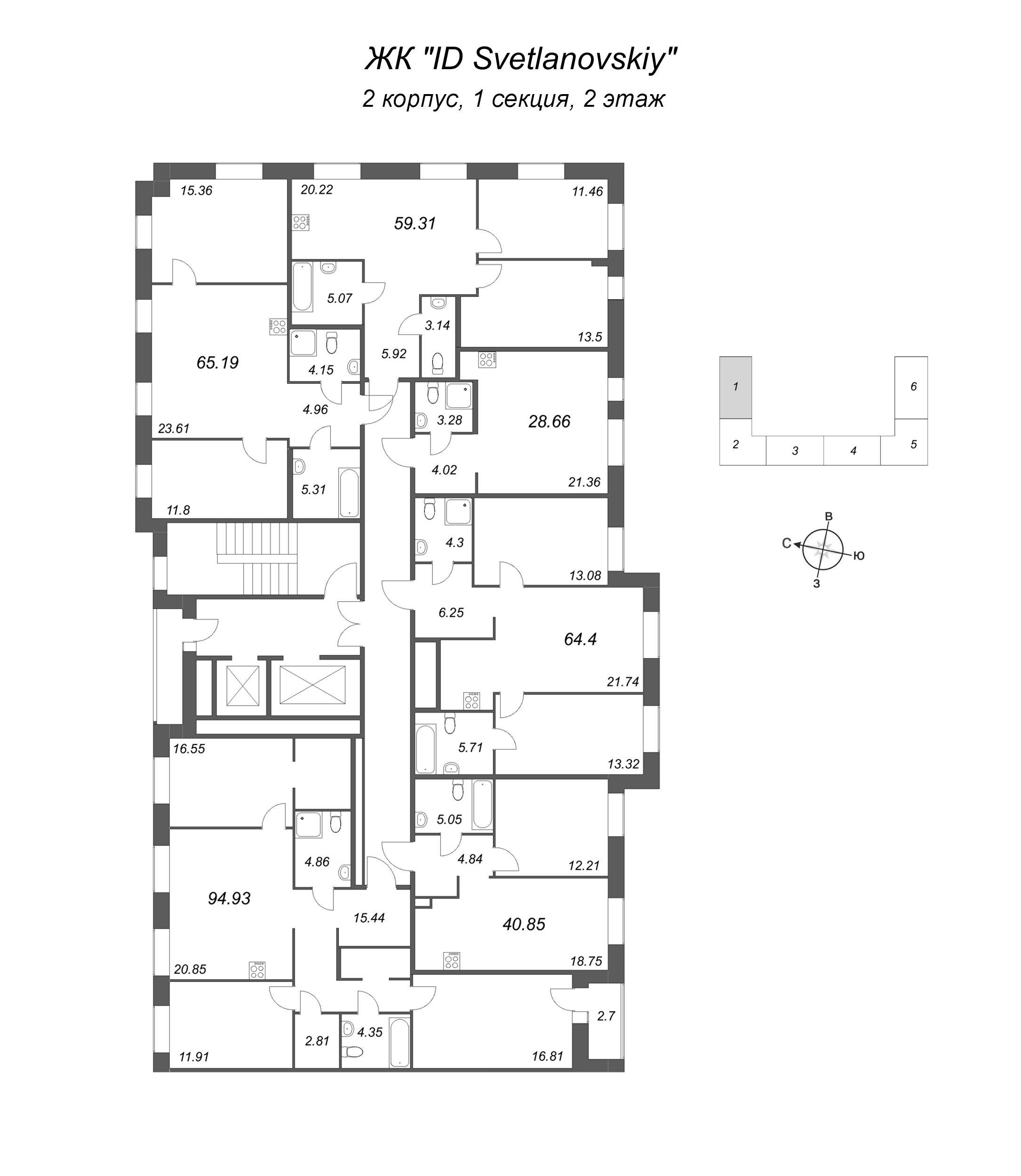 3-комнатная (Евро) квартира, 65.19 м² - планировка этажа