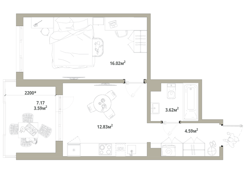 1-комнатная квартира, 40.65 м² в ЖК "Тишин" - планировка, фото №1