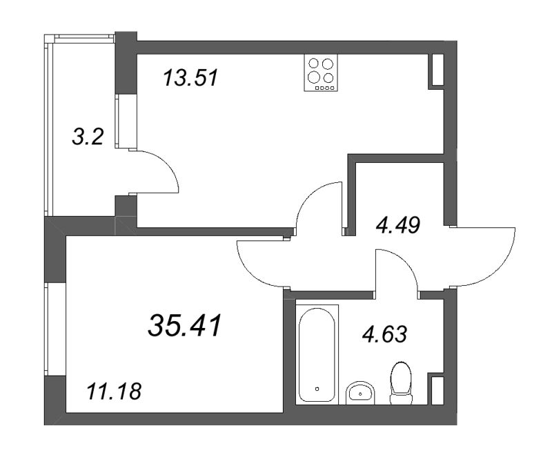 1-комнатная квартира, 35.41 м² - планировка, фото №1