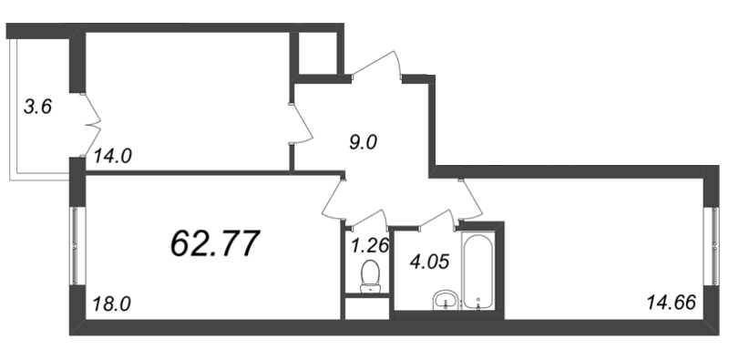 3-комнатная (Евро) квартира, 62.77 м² в ЖК "AEROCITY" - планировка, фото №1