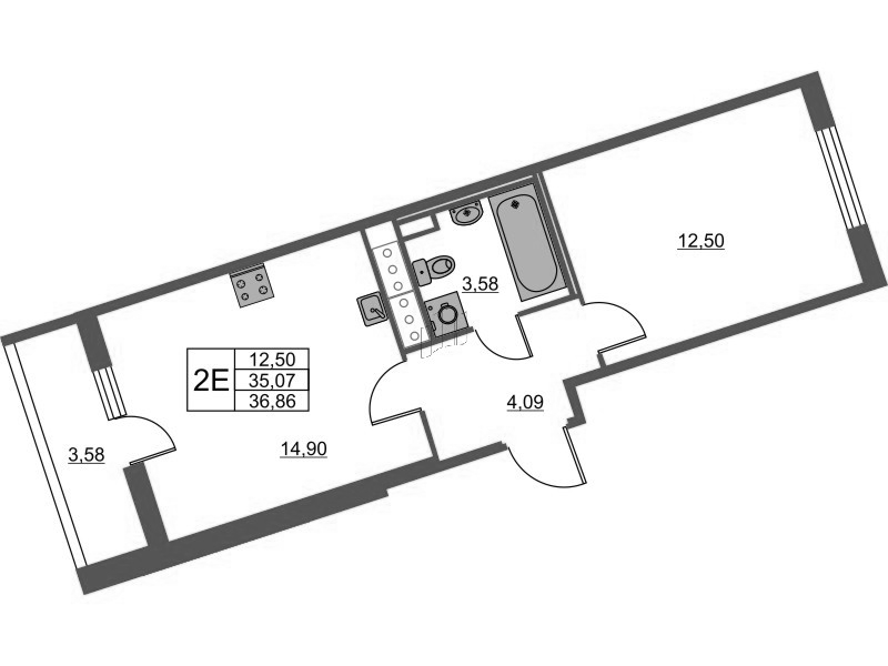 2-комнатная (Евро) квартира, 36.86 м² - планировка, фото №1
