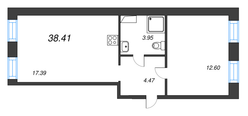2-комнатная (Евро) квартира, 38.41 м² - планировка, фото №1